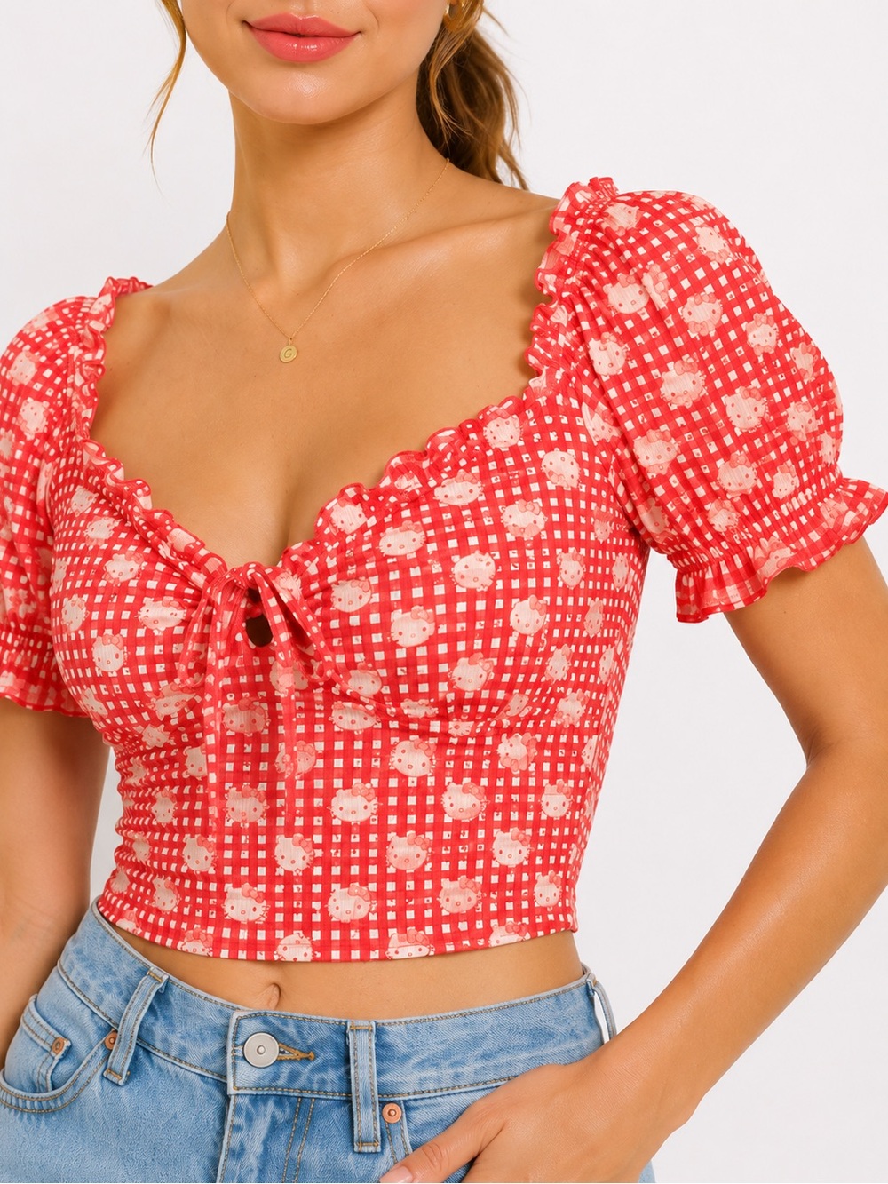 Red Gingham Floral Tie-Front Crop Top Puff Sleeve Hello Kitty